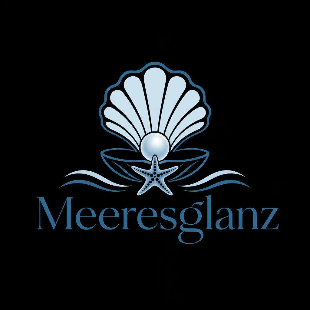 Meeresglanz Logo auf schwarzem Hintergrund für Muschelschmuck